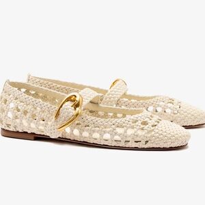 Larroude Cream Woven Flats with Gold Buckle